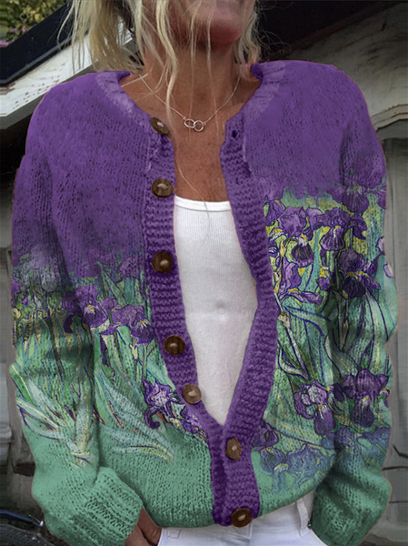 Crew Neck Maple Leaf Knitted Casual Sweater, Cardigans, Lilicloth.com
