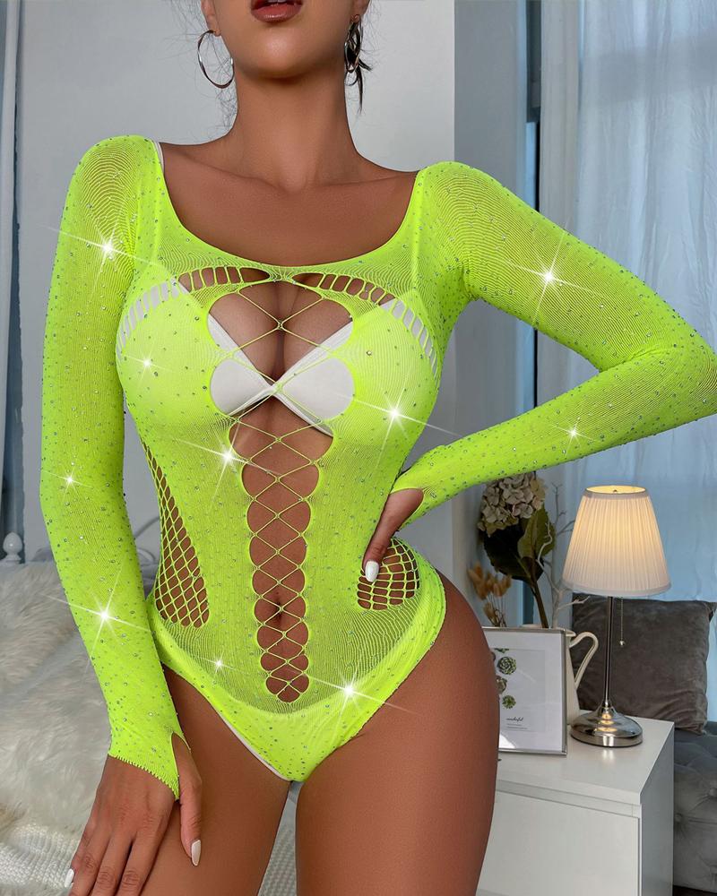 Rhinestone U-Neck Long Sleeve Hollow-out Bodysuit Lingerie Sexy Slim Fit Teddies, women Teddies, ChicMe catalog