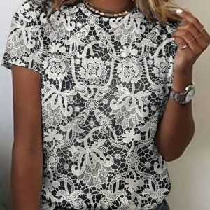 Vintage Floral Crew Neck Short Sleeve T-shirt, T-shirts, color:Black|size:4XL, catalog Noracora shop