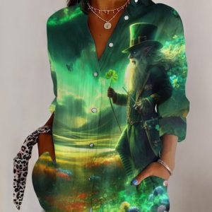 St. Patrick's Day Shirt Collar Long Sleeve Geometric Regular Micro-Elasticity Regular Fit Shirt For Women, Shirts, color:Green|size:4XL, catalog Noracora shop