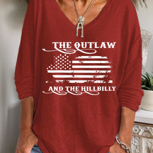 The Outlaw and The Hillbilly Hat Ladies V-neck loose long-sleeved T-shirt, Long sleeves, Lilicloth.com