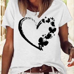 Women's Butterfly Heart Print Casual Crew Neck Letters T-Shirt, T-shirts, Lilicloth.com