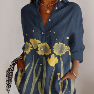 Shirt Collar Long Sleeve Floral Regular Micro-Elasticity Regular Fit Shirt For Women, Shirts, color:Navyblue|size:4XL, catalog Noracora shop