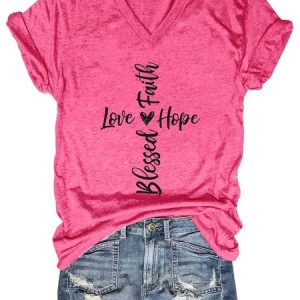 Women's Faith Hope Love Blessed V-Neck T-Shirt, T-shirts, Lilicloth.com