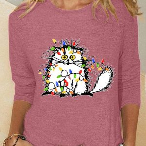 Christmas Cat Casual Long Sleeve Shirt, Long sleeves, Lilicloth.com