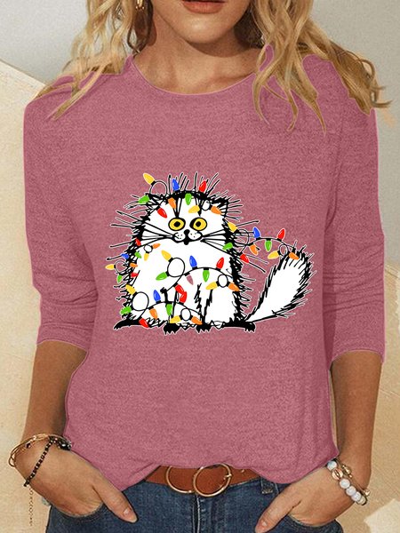 Christmas Cat Casual Long Sleeve Shirt, Long sleeves, Lilicloth.com