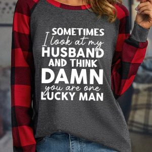 Lilicloth X Manikvskhan Sometimes I Look At My Husband Women's Long Sleeve Buffalo Plaid T-Shirt, Long sleeves, Lilicloth.com