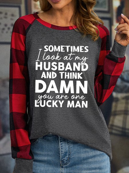 Lilicloth X Manikvskhan Sometimes I Look At My Husband Women's Long Sleeve Buffalo Plaid T-Shirt, Long sleeves, Lilicloth.com