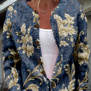 Floral Vintage Knitted Crew Neck Cardigan, Cardigans, Lilicloth.com