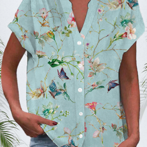 V Neck Short Sleeve Floral Printing Micro-Elasticity Regular Fit Button Up Shirt Shirt For Women, Shirts, color:Green|size:4XL, catalog Noracora shop