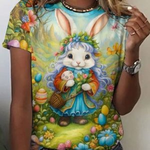 Casual Easter Bunny Pattern Crew Neck Short Sleeve T-shirt, T-shirts, color:Lightgreen|size:4XL, catalog Noracora shop