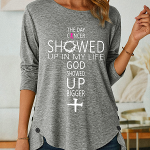 The Day Cancer Showed Up In My Life - Breast Cancer Awareness Three-Button Crew Neck T-Shirt, Long sleeves, Lilicloth.com