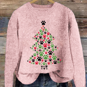 Christmas Dog Loose Casual Knitted Christmas Tree Sweater, Sweaters, Lilicloth.com