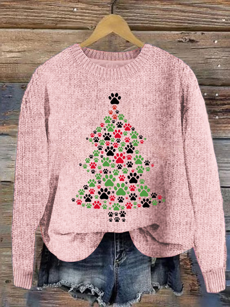 Christmas Dog Loose Casual Knitted Christmas Tree Sweater, Sweaters, Lilicloth.com