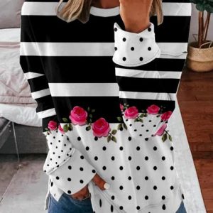 Women's Crew Neck Striped Casual Spring/Fall Long Sleeve Sweatshirt, JustFashionNow Sweatshirts & Hoodies, color:Black|size:4XL,