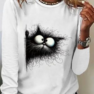 Cat Print Casual T-Shirt, Long sleeves, Lilicloth.com