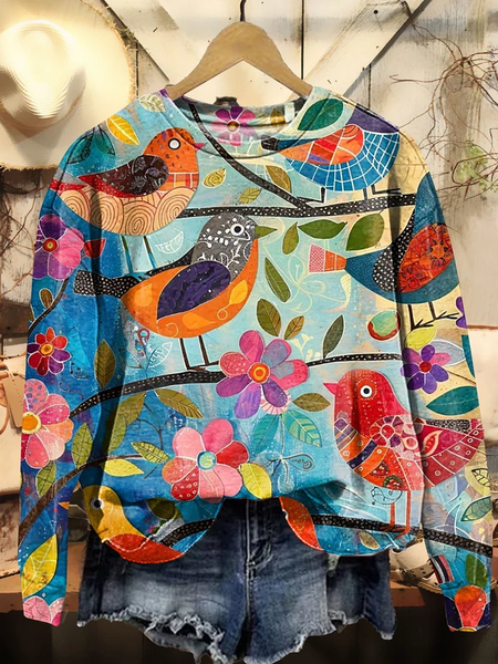 Women's Vintage Art Bird Floral Print Sweatshirt, Hoodies&Sweatshirts, Lilicloth.com