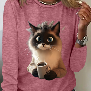 A Cat Drinking Coffee Is Looking At You Casual Long Sleeve Shirt, Long sleeves, Lilicloth.com