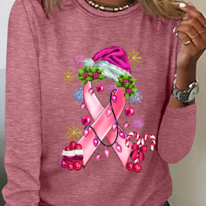 Pink Christmas Breast Cancer Casual Long Sleeve Shirt, Long sleeves, Lilicloth.com