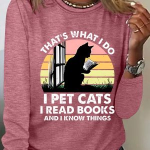 Cat And Book Casual Long Sleeve Shirt, Long sleeves, Lilicloth.com