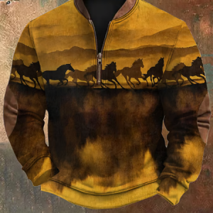 Men's Western Horse Print Vintage Zipper Sweatshirt, Hoodies&Sweatshirts, Lilicloth.com