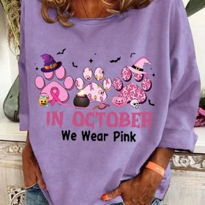 In October We Wear Pink Halloween Fur Dogs Witch Breast Cancer Awareness Casual Sweatshirt, Hoodies&Sweatshirts, Lilicloth.com