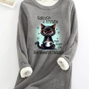 Sarcasm & Attitude Angry Cat Funny Quote Casual Fluff Fleece Fabric Sweatshirt, Hoodies&Sweatshirts, Lilicloth.com