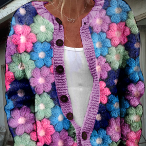 3D Printing Floral Knitted Crew Neck Casual Cardigan, Cardigans, Lilicloth.com