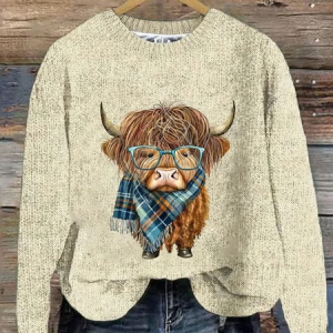 Women's West Highland Cow Print Casual 3D Printing Casual Knitted Sweater, Sweaters, Lilicloth.com