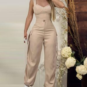 2 Pieces Outfits V Neck Hollow-out Sleeveless Tank Top and Casual Pocket Design Cargo Pants Set, women Two-piece Sets, ChicMe catalog