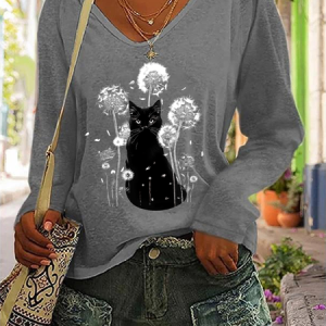 Retro Cat & Dandelion Print Casual V-Neck Long Sleeve Shirt, Long sleeves, Lilicloth.com