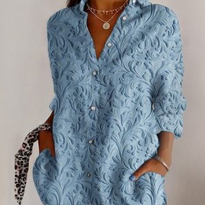 Shirt Collar Long Sleeve Geometric Regular Micro-Elasticity Regular Fit Shirt For Women, Shirts, color:Light Blue|size:5XL, catalog Noracora shop