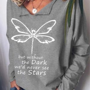 Women Dragonfly Dark Stars Letters Shawl Collar Regular Fit Sweatshirt, Hoodies&Sweatshirts, Lilicloth.com