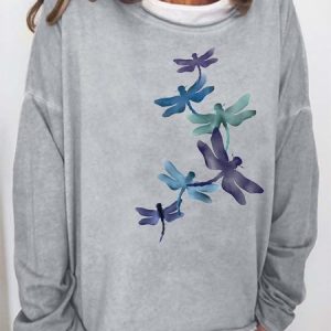 Women Dragonfly Animal Pattern Loose Casual Sweatshirt, Hoodies&Sweatshirts, Lilicloth.com