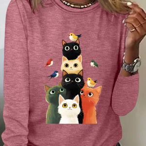Many Cats Playing With Birds Casual Long Sleeve Shirt, Long sleeves, Lilicloth.com