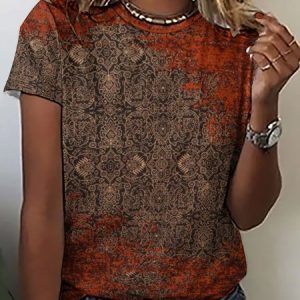 Women's Loose Crew Neck Ethnic Geometry Simple T-Shirt, T-shirts, Lilicloth.com