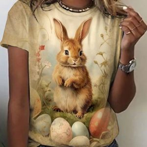 Vintage Easter Bunny Crew Neck Short Sleeve T-shirt, T-shirts, color:Apricot|size:4XL, catalog Noracora shop