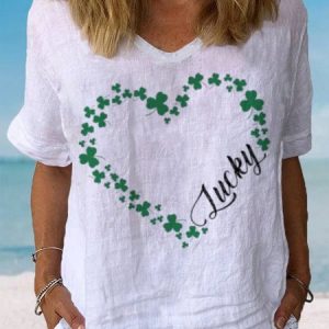 Women's St Patricks Day Shamrock Love Print Short Sleeve V Neck Cotton T-Shirt, JustFashionNow Blouses, color:White|size:XXL,