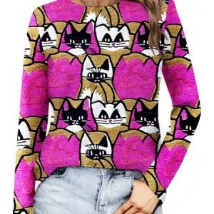 Embroidered cat pattern long sleeved T-shirt, Long sleeves, Lilicloth.com