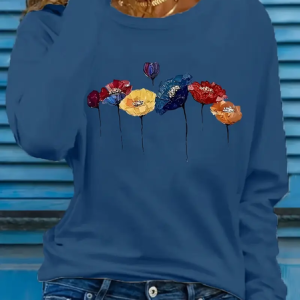 Women's Long Sleeve T-shirt Spring/Fall Dark Blue Floral Printing Jersey Crew Neck Daily Going Out Casual Top, Long sleeves, Lilicloth.com