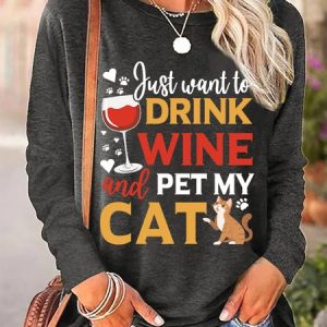 Lilicloth X Manikvskhan Cat Lovers Shirt Just Want To Drink Wine And Pet My Cat Womens Casual Top, Long sleeves, Lilicloth.com