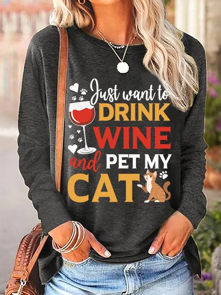 Lilicloth X Manikvskhan Cat Lovers Shirt Just Want To Drink Wine And Pet My Cat Womens Casual Top, Long sleeves, Lilicloth.com