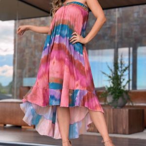 Floral Print Bandeau Sleeveless Ruffles Dress Casual Asymmetrical Vacation Dress, women Print Dresses, ChicMe catalog