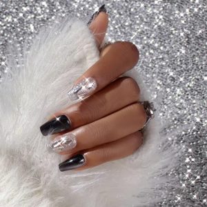 Short Press on Nail Rhinestone Cat Eye Silver Black Cool Daily Style, women nails, ChicMe catalog
