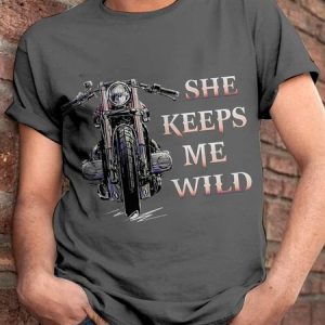 Couple Motorcycle She Keeps Me Wild Graphic Men's Short Sleeve T-shirt, T-shirts, Lilicloth.com