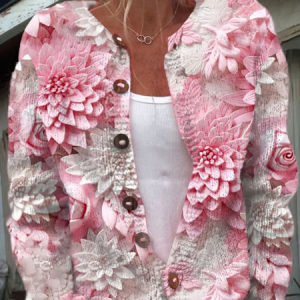 Women's Breast Cancer Pink Flower Print Knitted Cardigan, Cardigans, Lilicloth.com