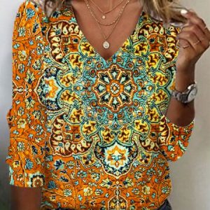 Casual Ethnic V Neck Long Sleeve T-shirt, T-shirts, color:Orange|size:M, catalog Noracora shop
