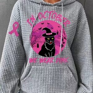 In October We Wear Pink Breast Cancer Halloween Cat Simple Loose Hoodie, Hoodies&Sweatshirts, Lilicloth.com