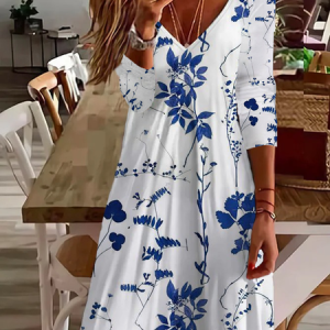 Women's Long Sleeve Summer Floral Printing Dress V Neck Daily Going Out Casual Midi Tunic A-Line Dress, JustFashionNow Casual Dresses, color:White|size:XXL,