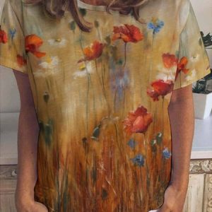Women's Flower Print Crew Neck Casual Short Sleeve T-Shirt, T-shirts, Lilicloth.com